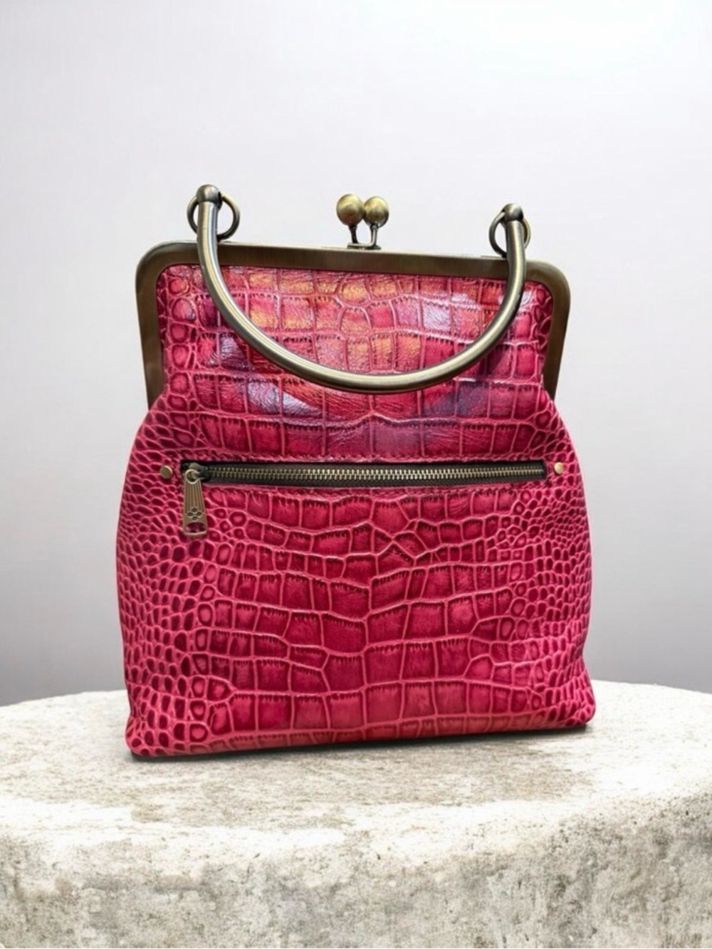 NWT Patricia Nash Pink Croc Embossed Leather Kiss Lock Satchel Bag Wallet Set - Picture 2 of 4